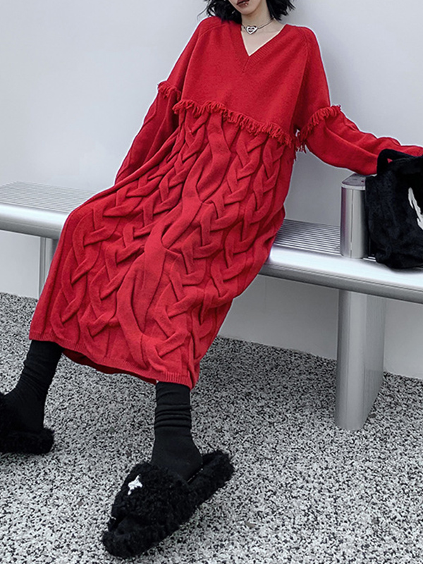 Solid Color Split-Joint Tasseled Long Sleeves Loose V-Neck Sweater Dresses Midi Dresses