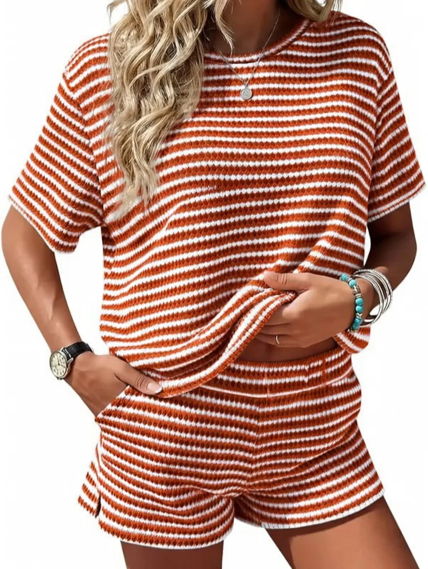 Women's Striped 2-Piece Lounge Set – Short Sleeve Top & Knit Shorts Casual Summer Outfit
