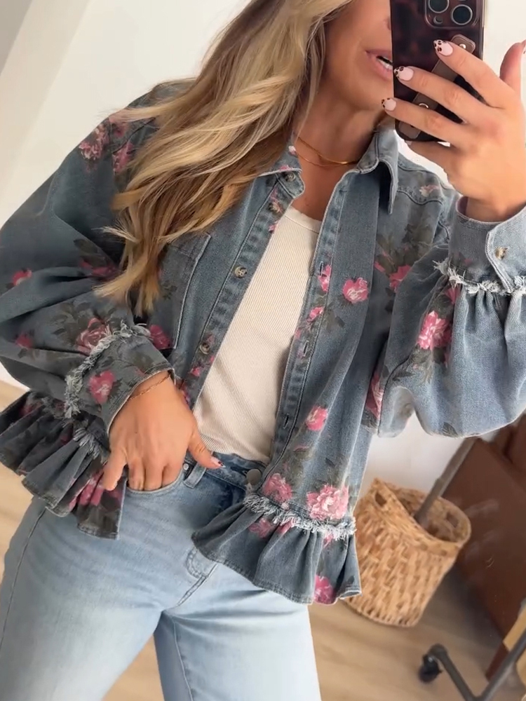 Women Lapel Printed Casual Denim Jacket
