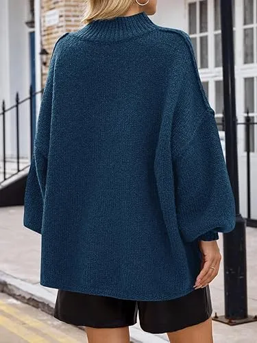 ✨Womens Oversized Mock Neck Batwing Long Sleeve Ribbed Knit Casual Tunic Sweater🔥