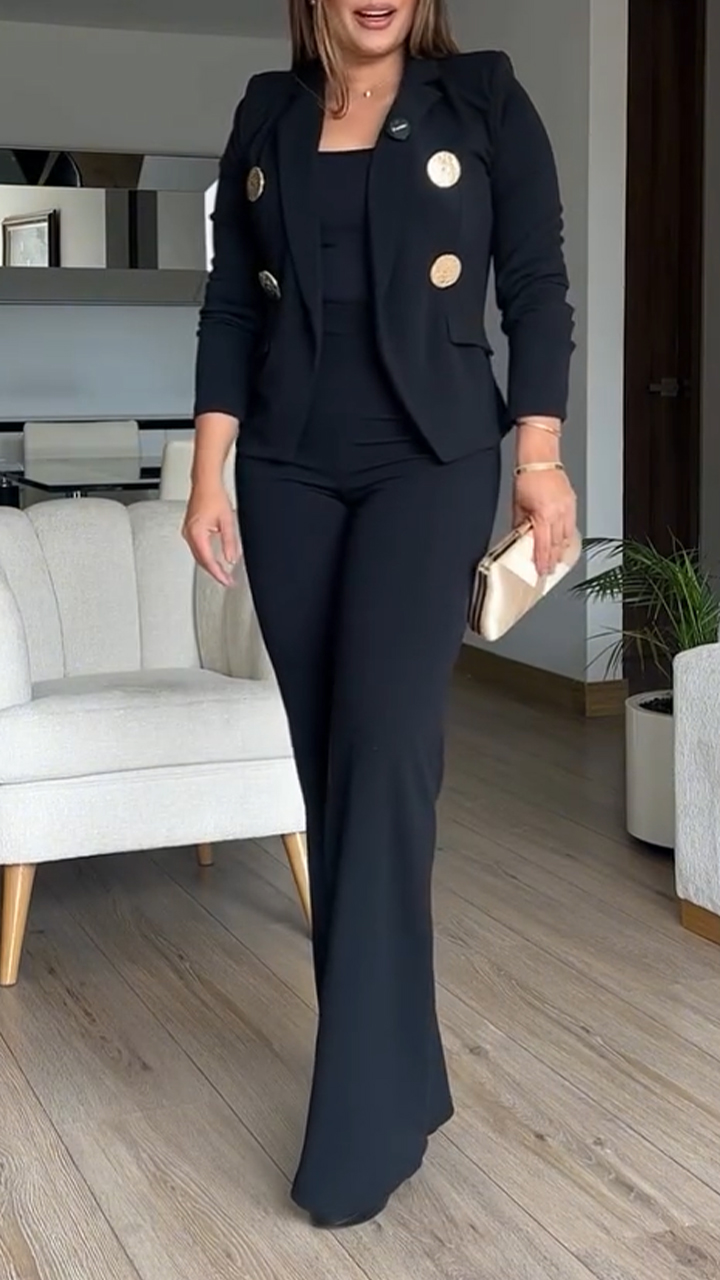 Women Collar Metal Buckle Decorative Top+ Pants Commuting Temperament Set