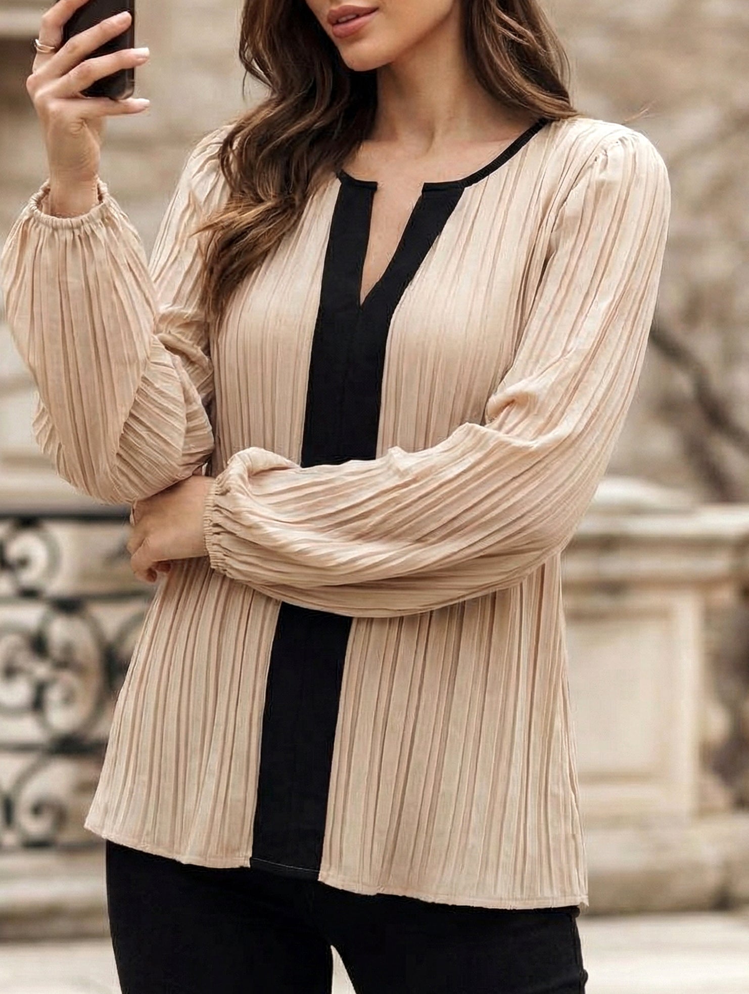 Colorblock V Neck Puff Sleeve Blouse_CWTTL01232