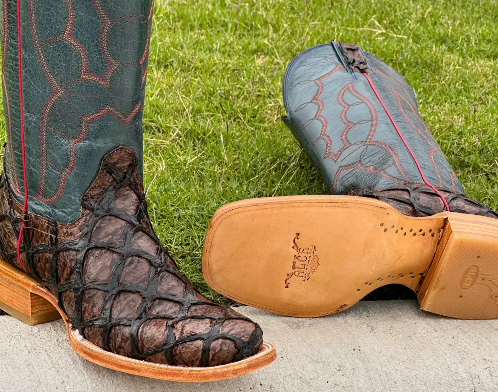 Men’s Brown Pirarucu Leather Boots With Blue  Shaft