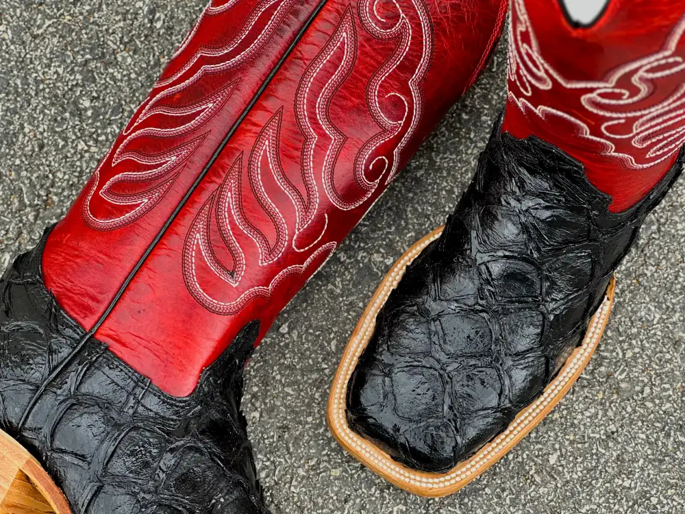 Men’s Black Pirarucu Leather Boots With Red Shaft and White Embroidery