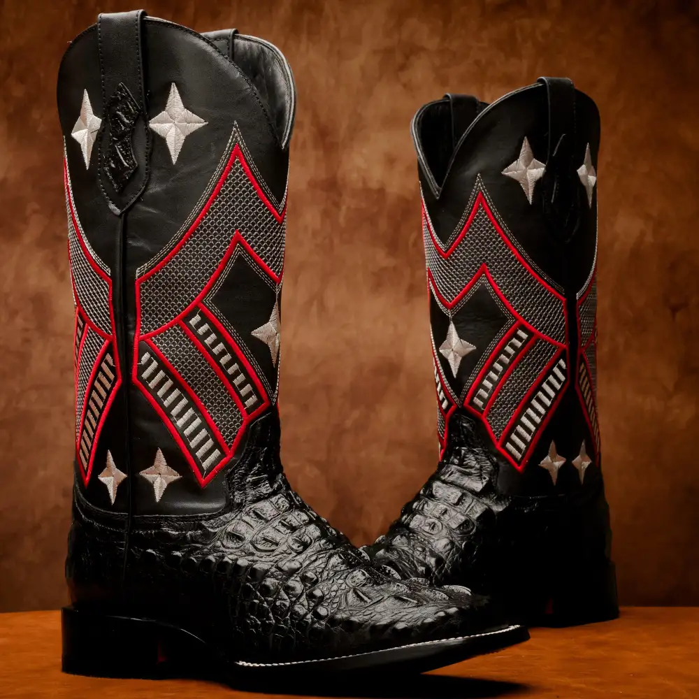 Black Caiman Neck Leather Boots - Square Toe