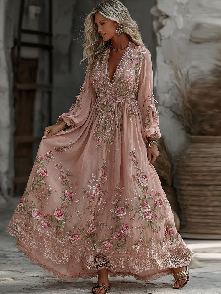 Women's Bohemian Style Rose Patchwork Lace Long-sleeved V-neck Dress