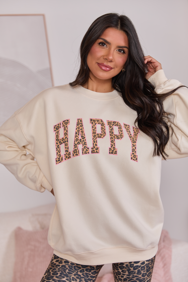 Happy Block Leopard Cream Graphic Sweatshirt