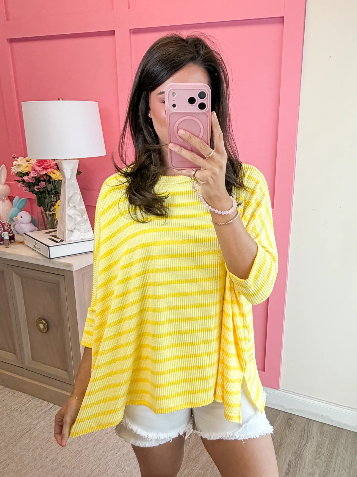 Spring Striped Raised Rib Easy Fit 3/4 Sleeve Top