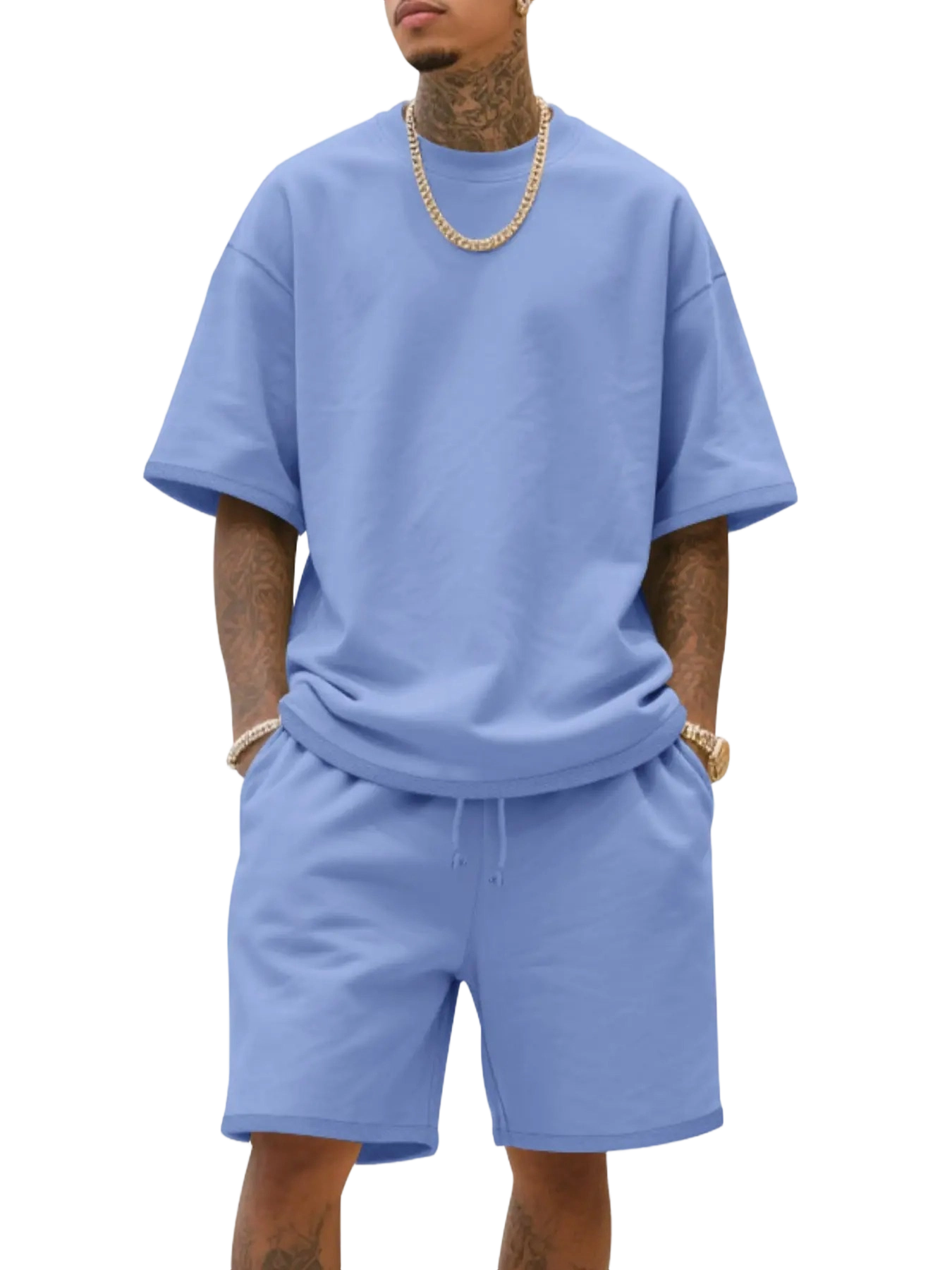 Men's Summer Casual Set, Pure Color Round Neck Short Sleeve Knit Tee & Shorts, Classic Loose Fit Sportswear