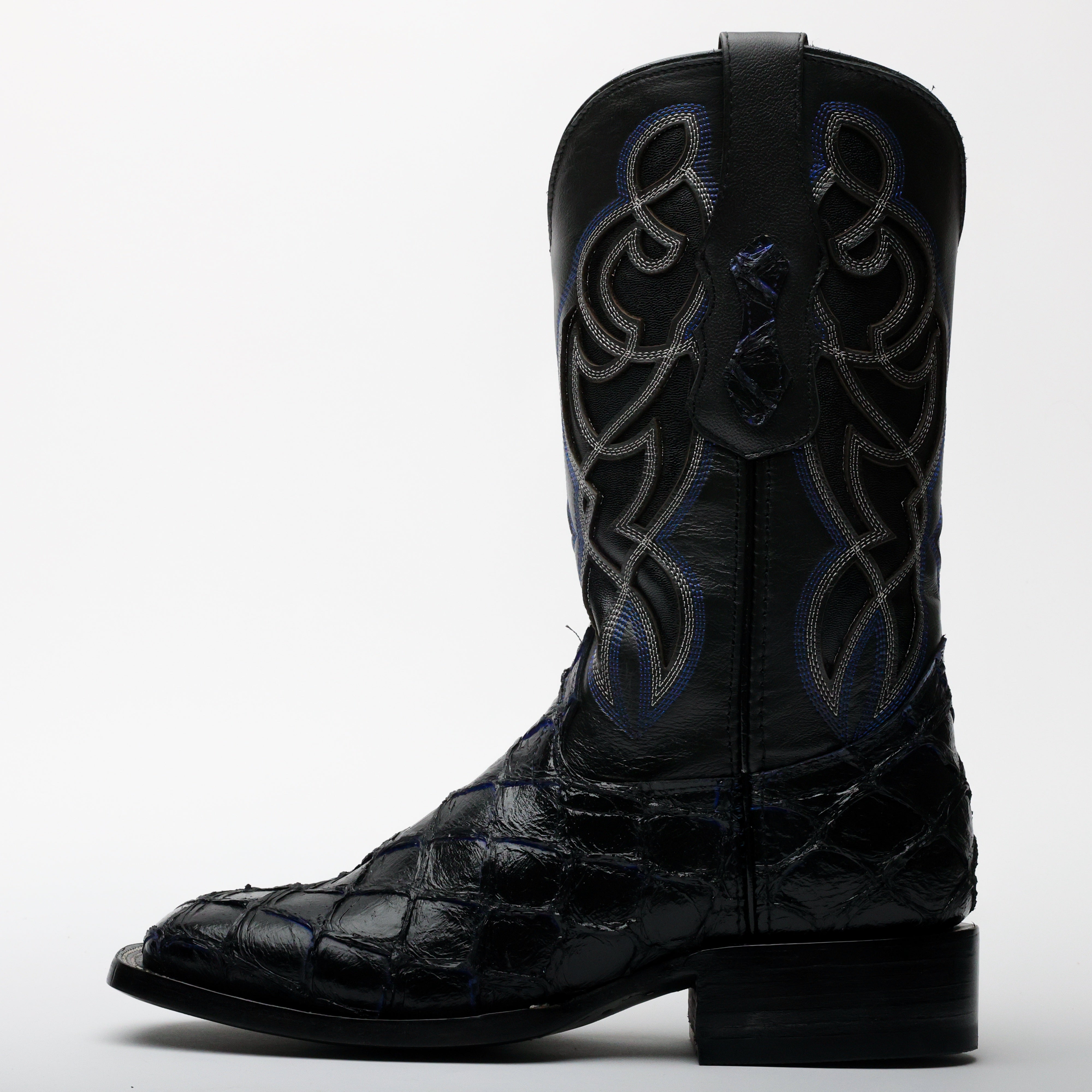 Black/Blue Pirarucu Leather Boots - Square Toe
