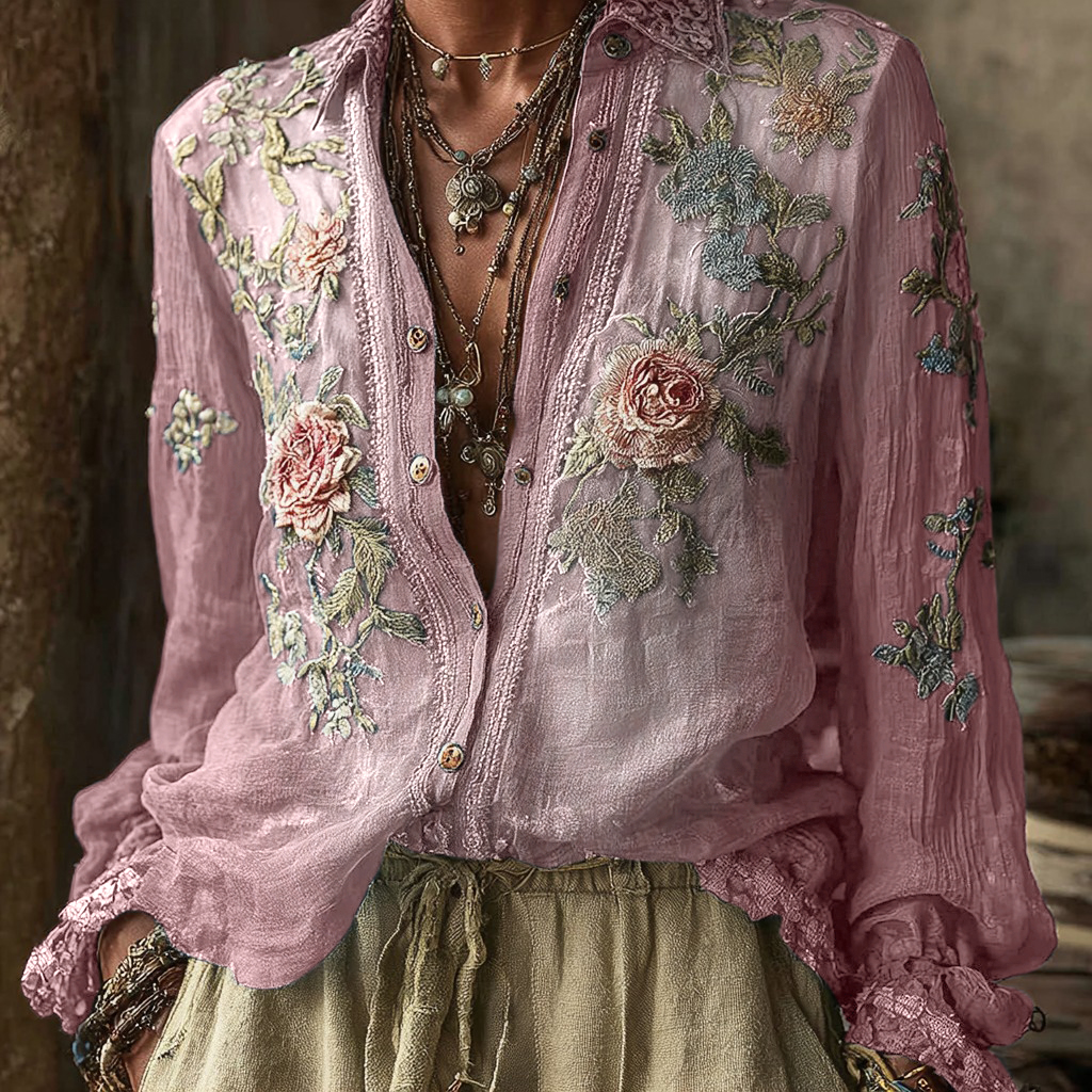 Women's Vintage Bohemian Floral Pattern Linen Long Sleeve Shirt