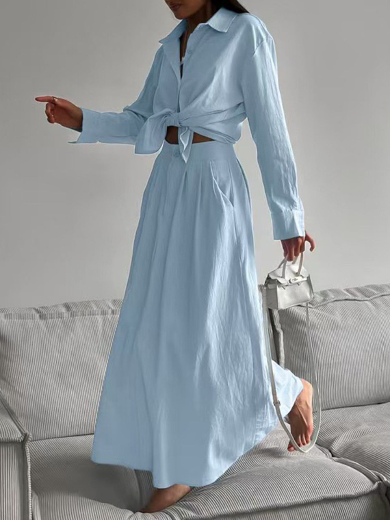 Tie-Front Shirt and Maxi Skirt Set