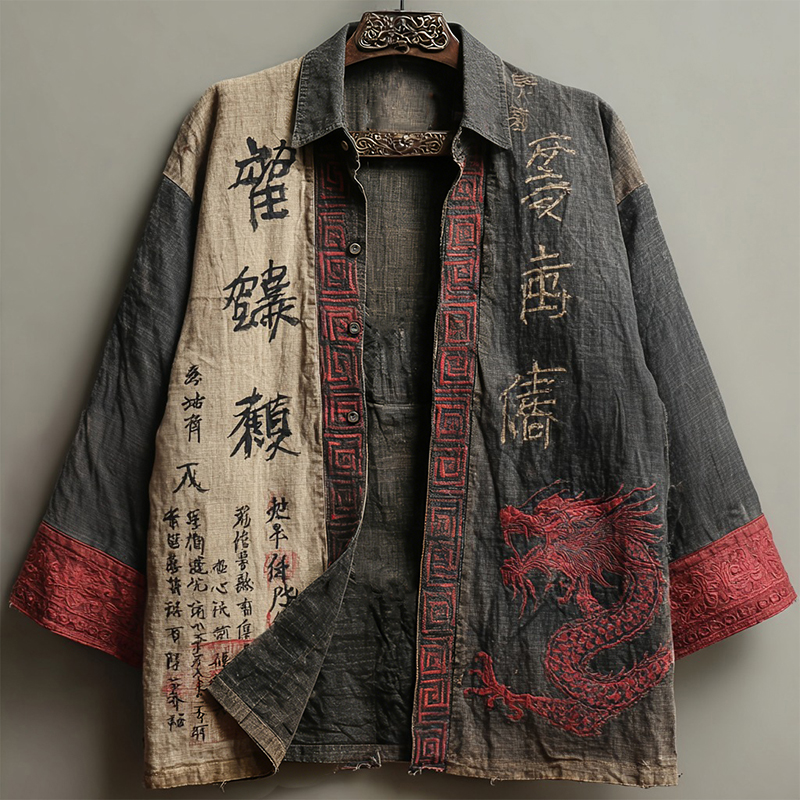 Men's Retro Japanese Calligraphy And Dragon Art Pattern Linen Blend Long-sleeve Shirt