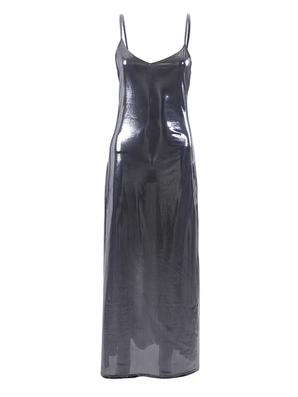 Shiny Solid Color Bodycon High Waisted Spaghetti-Neck Maxi Dresses