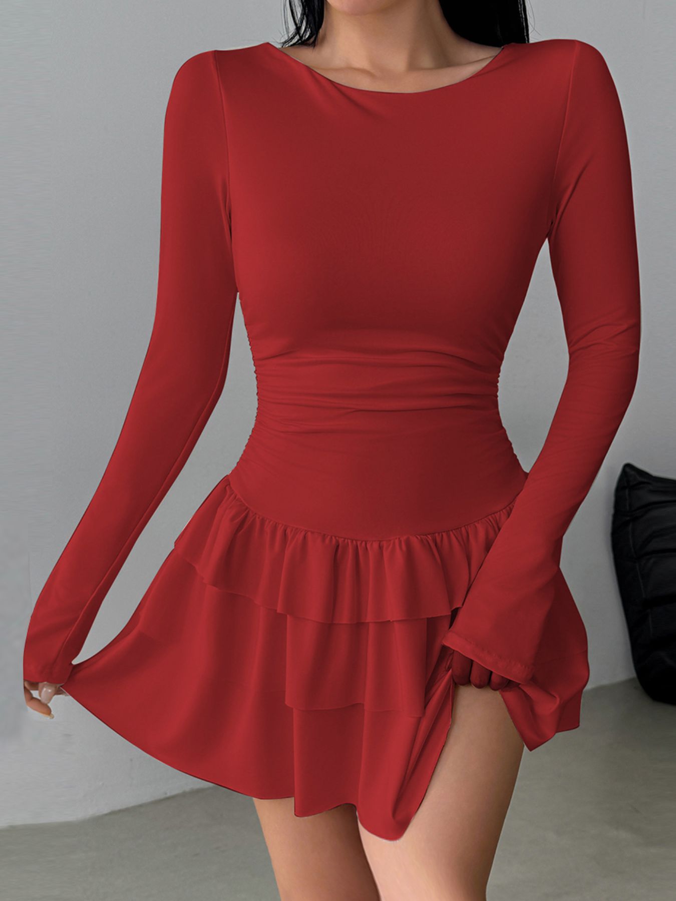 Ruffle Hem Long Sleeve Mini Dress