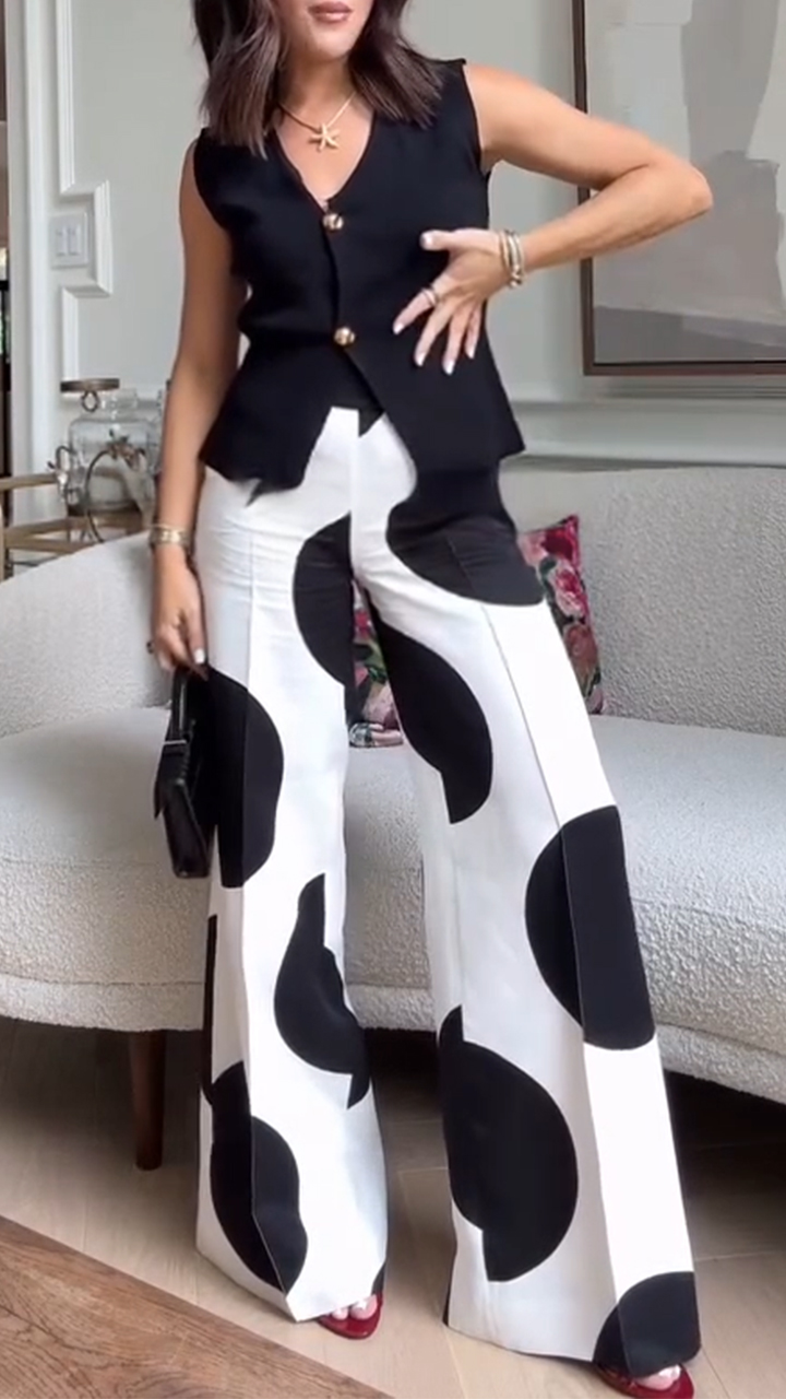 Ladies V-neck Top+ Round Printed Pants Casual Set