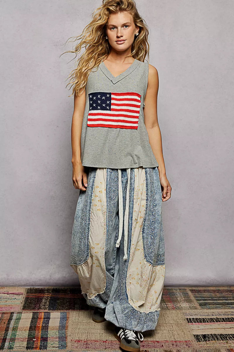 POL V-Neck Ribbed Tank with American Flag Patch and Star Back Patch