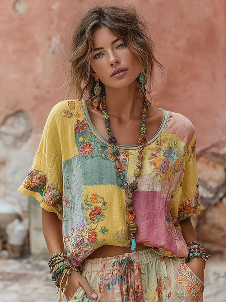 Women's Bohemian Floral Embroidery Patchwork Art Round Neck Linen Blend T-shirt
