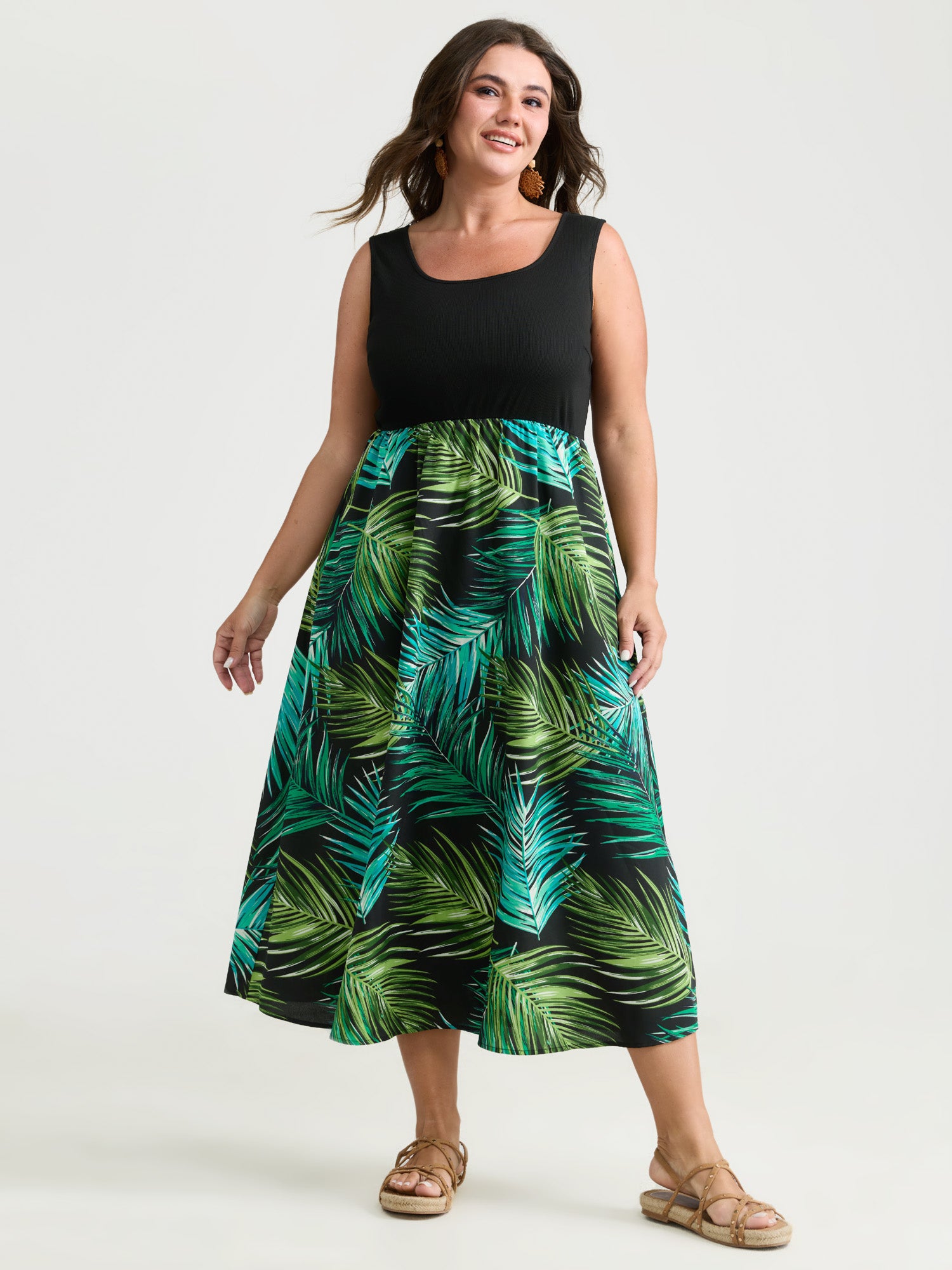 Tropical Palm Print A-Line Midi Dress