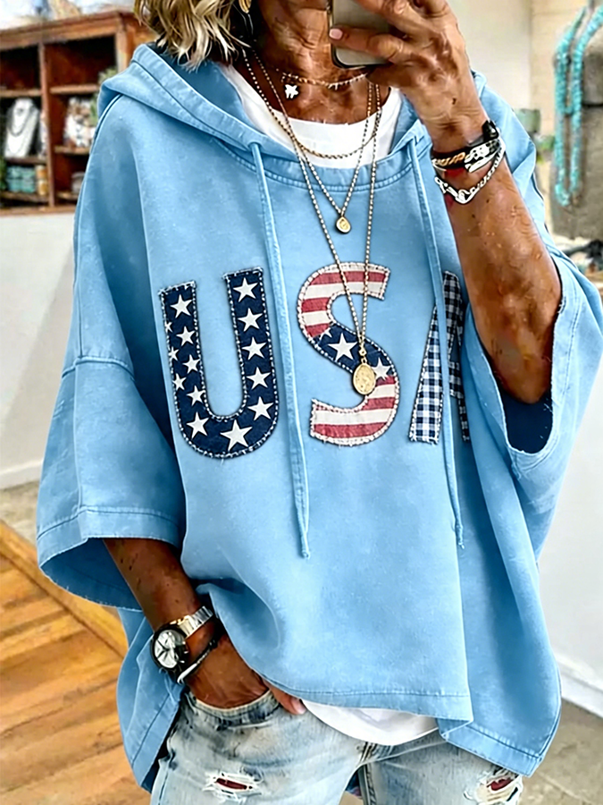 Patriotic Red USA Star Stripe Applique Oversized Hoodie