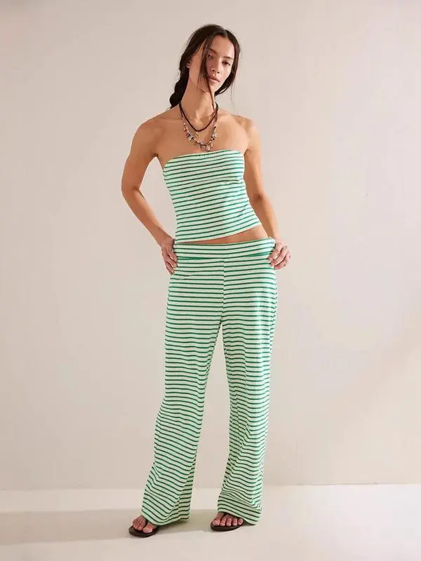 Women's Striped Print Crop Tube Top & Wide Leg Pants Set