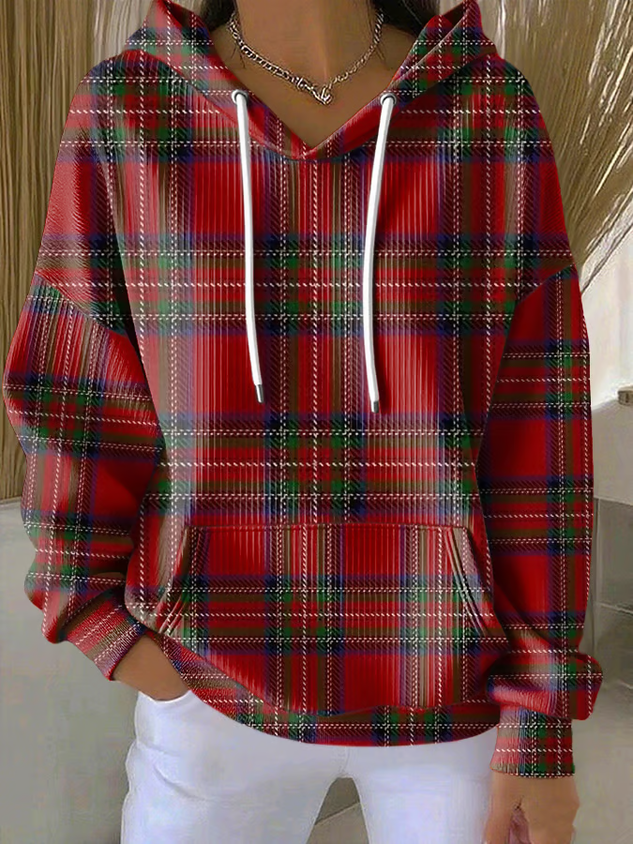 Women's Christmas Plaid Print Casual Hooded Sweatshirt