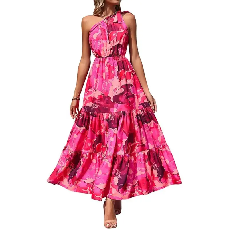 PrettyGarden Boho Chic Floral Maxi Dress - One Shoulder, Ruffle, Sleeveless, Flowing Summer Beach Wedding Guest Dress- Womenswear