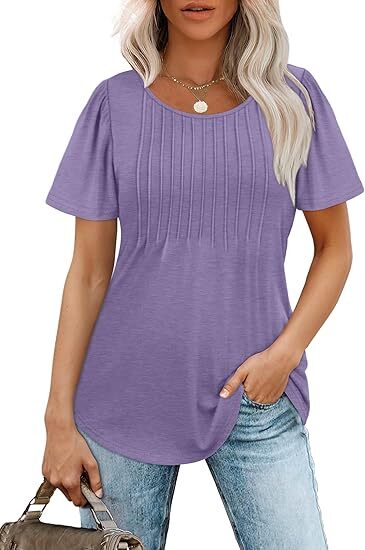 🔥Last day promotion🔥Womens T Shirts Short Sleeve Pleated Dressy Casual Scooped Neck Summer Tops Blouses
