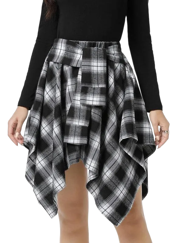 Women's Fashion Plaid Print Asymmetrical Hem High Waisted Skirt