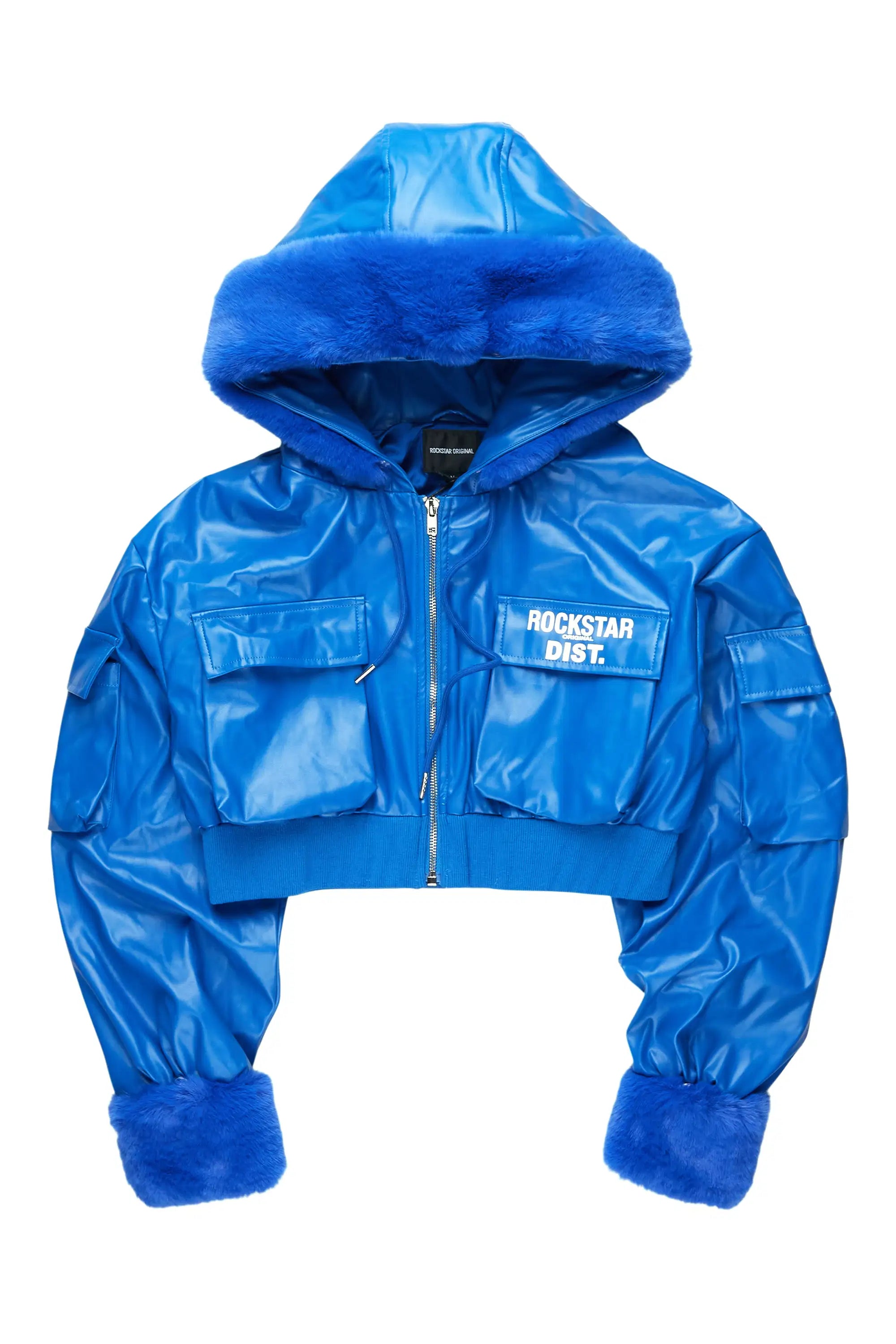 Amyia Royal Blue PU Jacket With Fur Hood