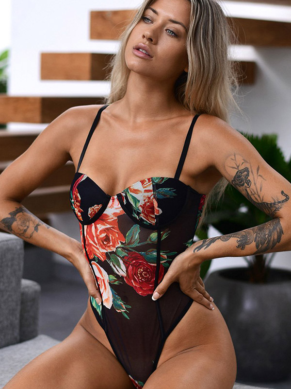 Spaghetti-Neck Underwired Floral Print Sexy Slim One-Piece Swimwear