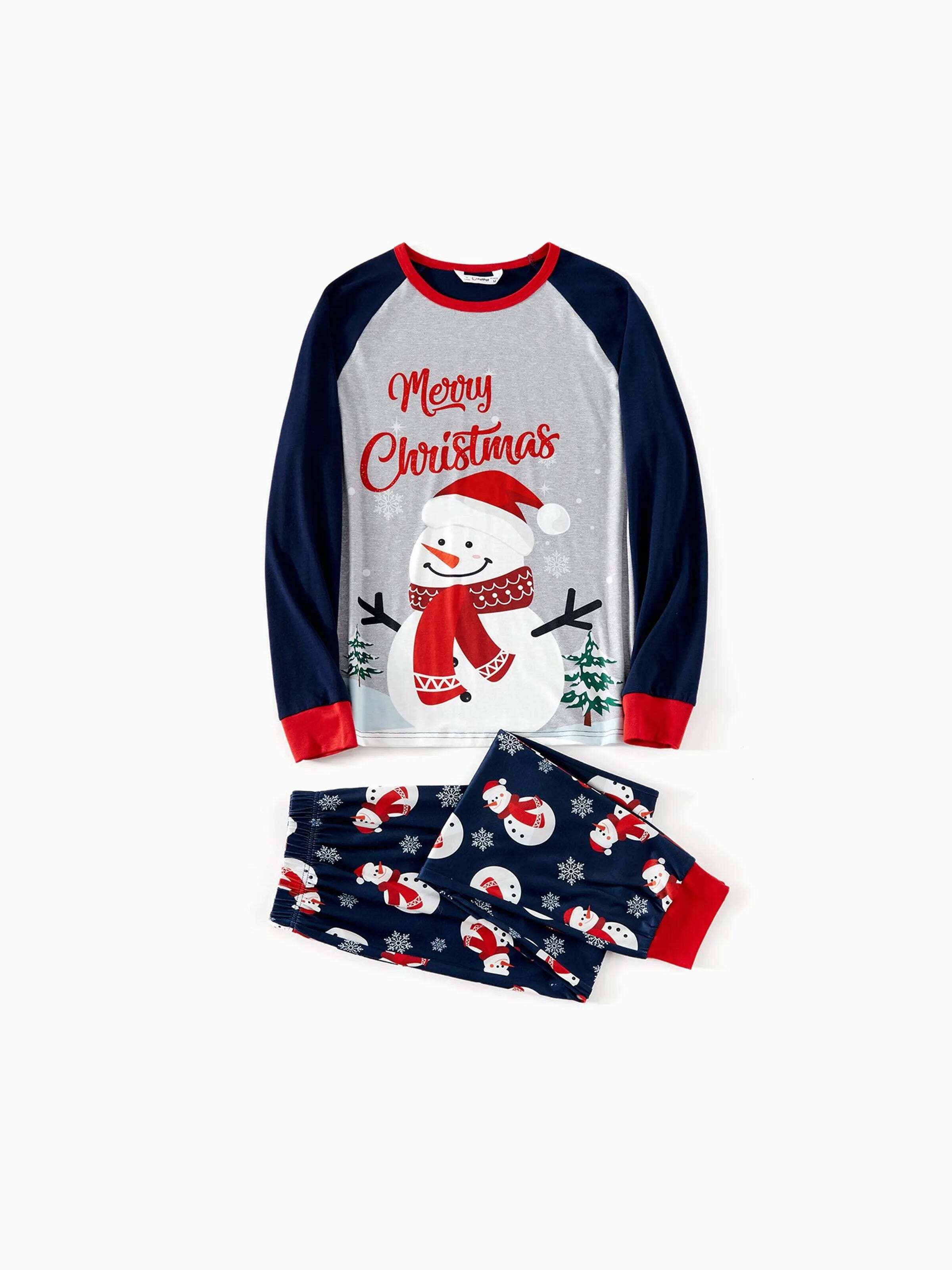 Christmas Snowman & Letter Print Family Matching Raglan-sleeve Pajamas Sets with Christmas Socks ColorBlock