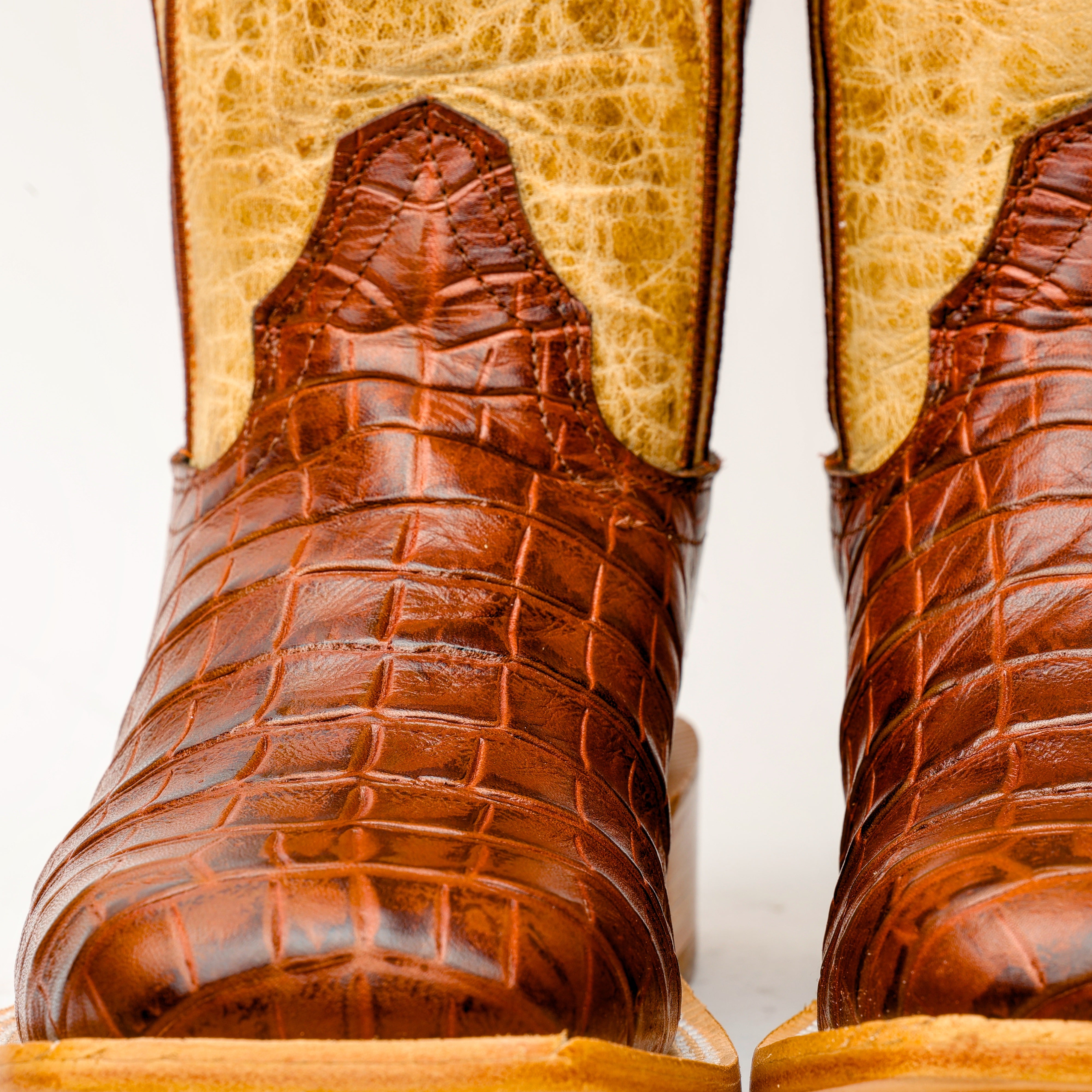 Cognac American Gator Belly Leather Boots - Square Toe