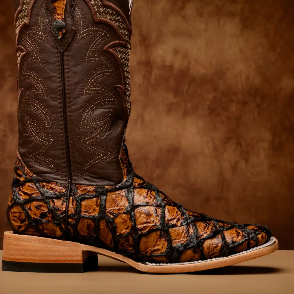 Honey Cognac Jumbo Pirarucu Leather Boots - Square Toe