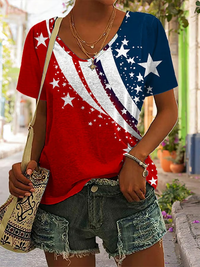 Ladies' Independence Day Flag Printed Short Sleeved V-Neck Casual T-Shirt