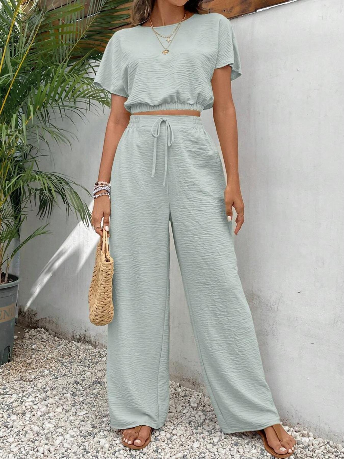 Women’s Casual Two-Piece Set – Fitted Top & Wide Leg Pants