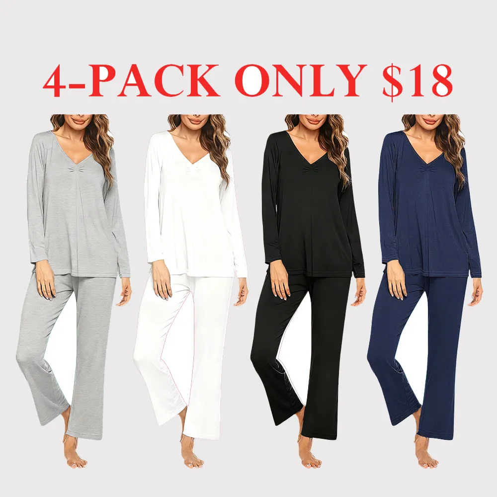 Women's V-neck long-sleeved top + trousers casual two-piece set