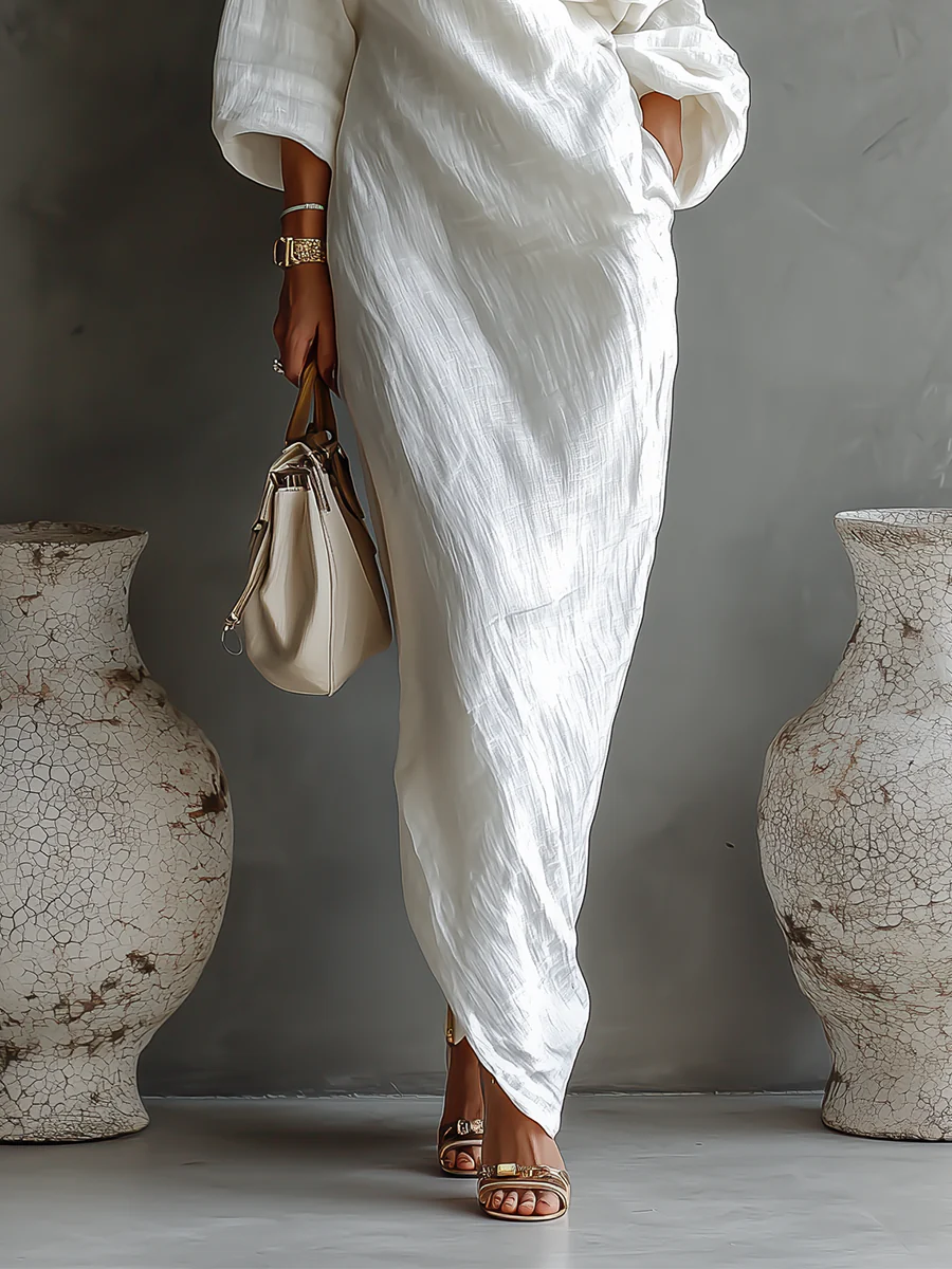 White One-shoulder Flowing Elegant Maxi Dress(No pockets)