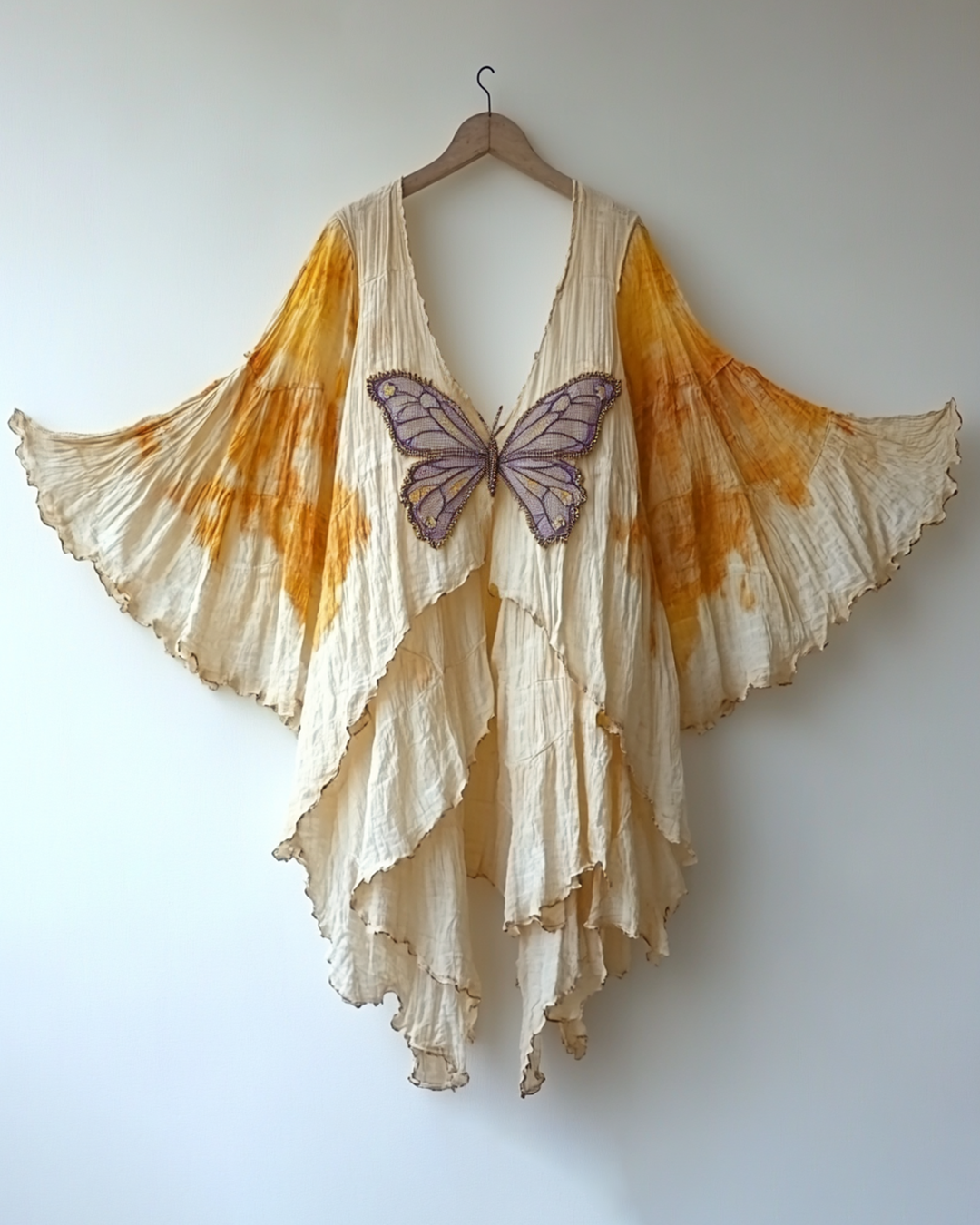 Yellow and White Tie-dyed Butterfly Irregular Cardigan e70b