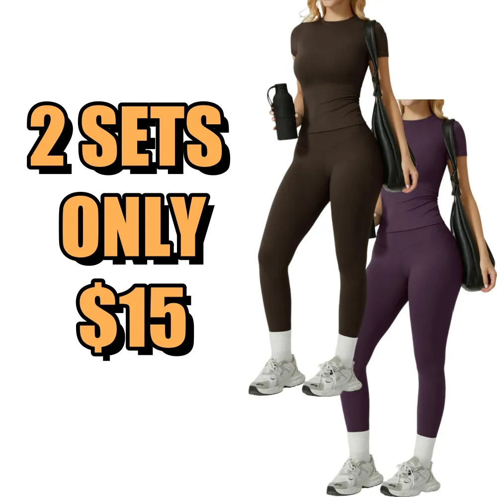 Women's Solid Ribbed Long Sleeve Tee & Leggings Sport Set