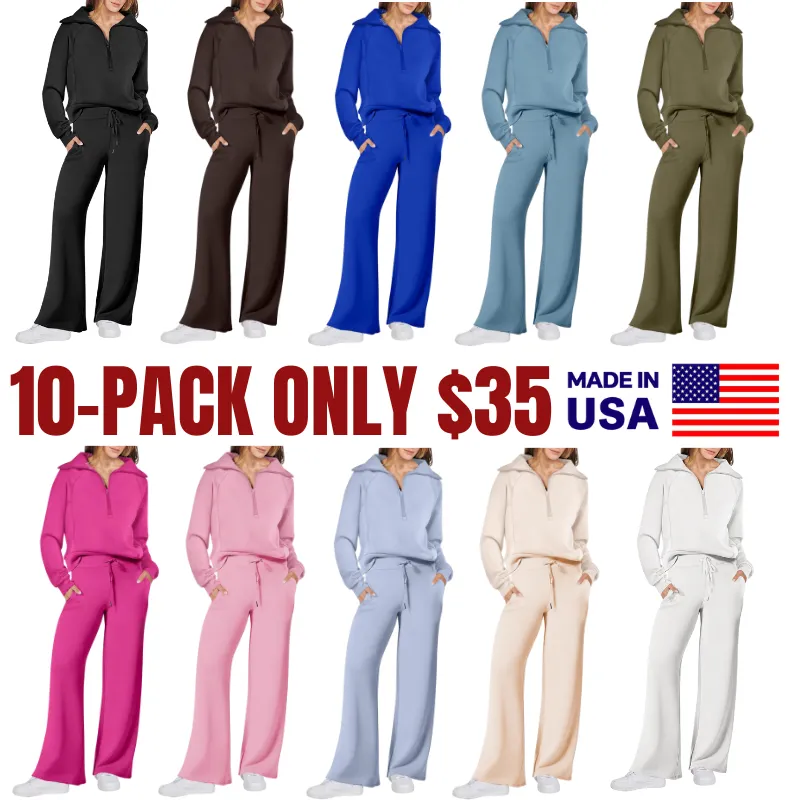 🔥Final Day Clearance!🛒Women's 2 Piece Outfits Casual Lapel Half Zip Sweatshirts And Wide Leg Pants Tracksuit Sets
