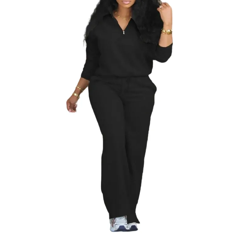 Women's Solid Half Placket Split Hem Pants Set