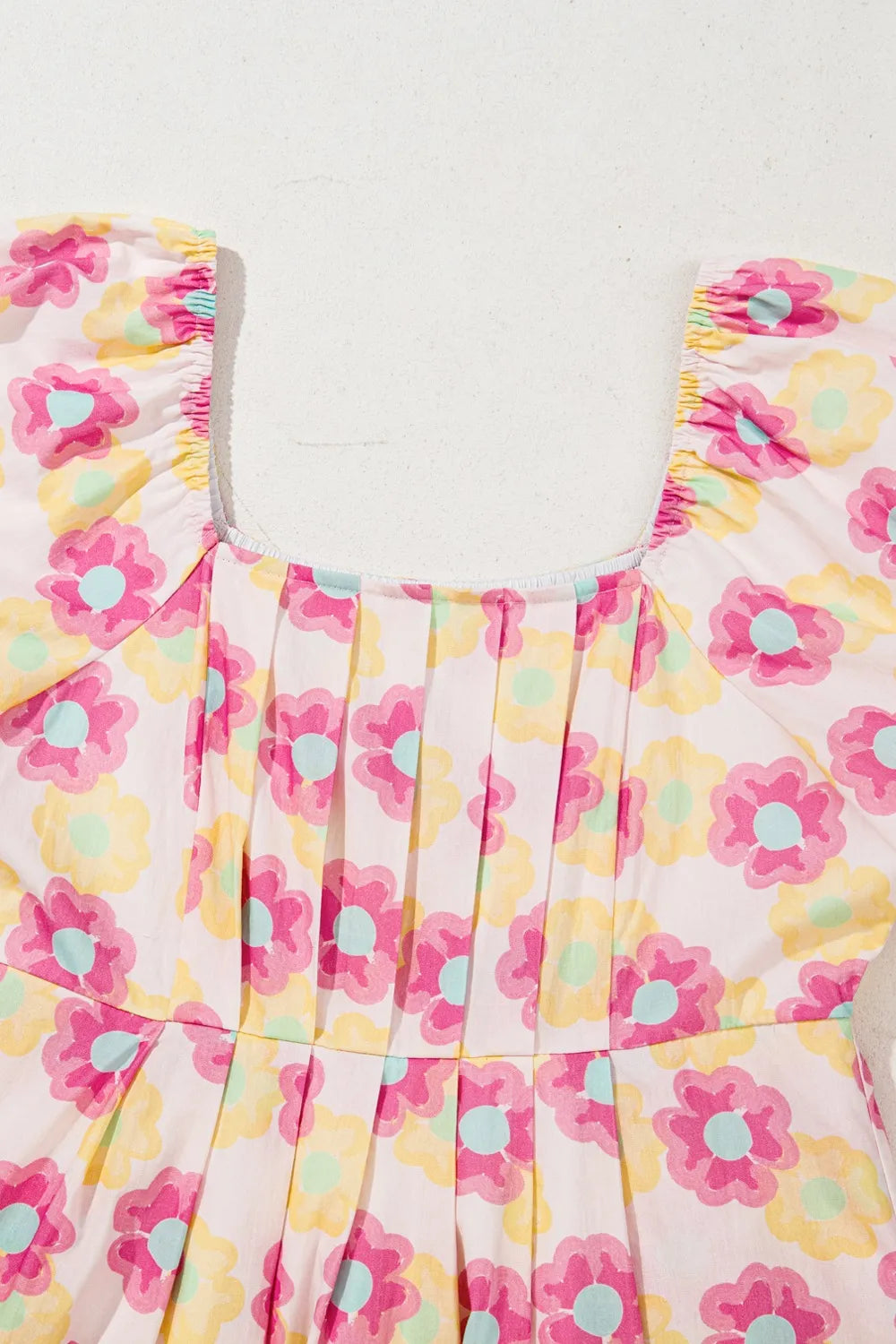 Floral Square Neck Puff Sleeve Pleated Flared Midi Dress