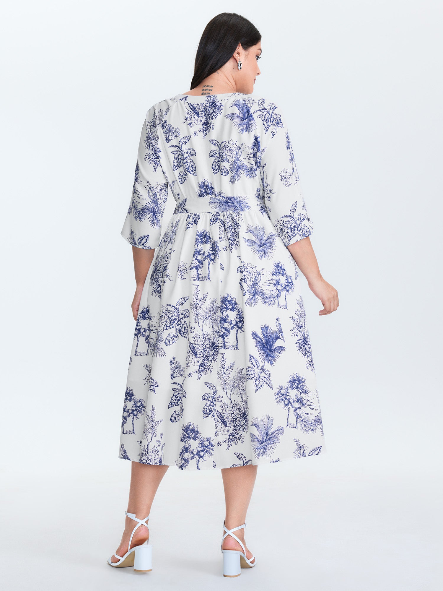 Forest Print Belted Folded Sleeve Midi Dress