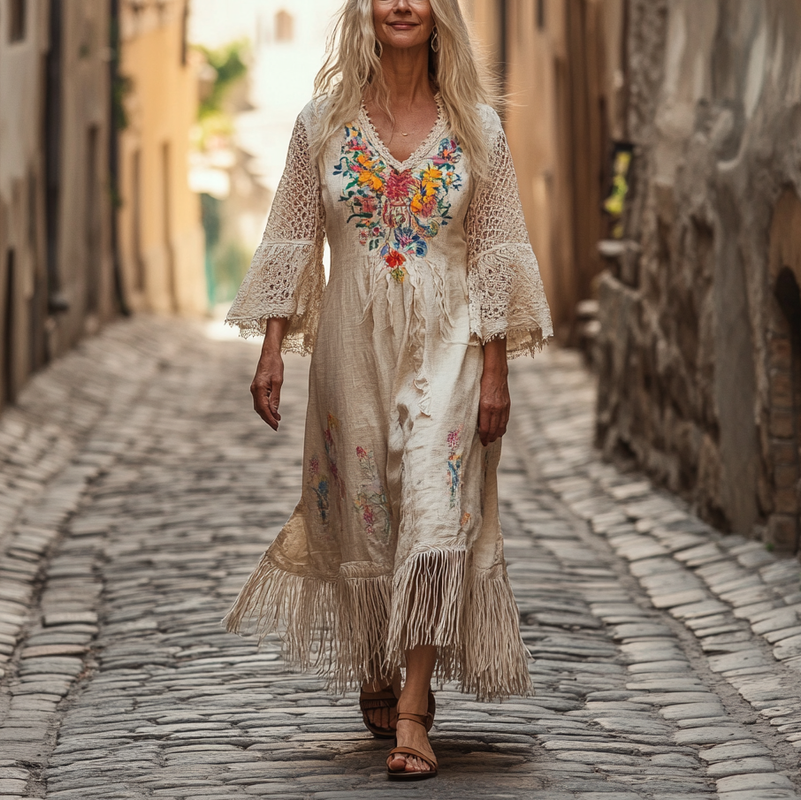 Vintage Loose Linen Patchwork Dress 4d50