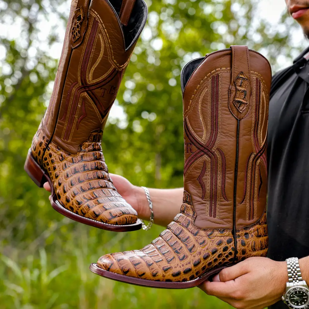 Honey Caiman Hornback Leather Boots - Square Toe