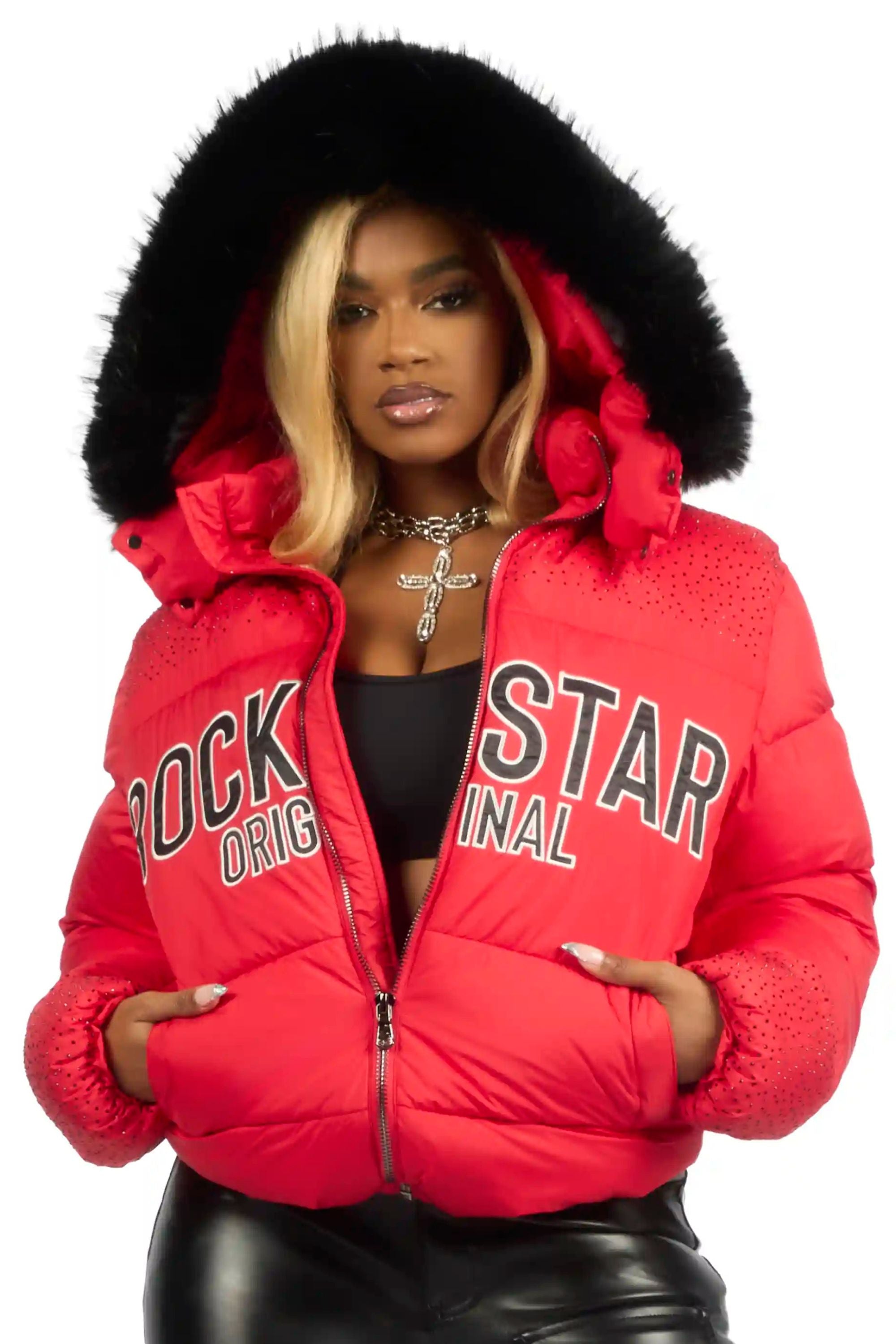 Natia Red Oversized Rhinestone Puffer Jacket