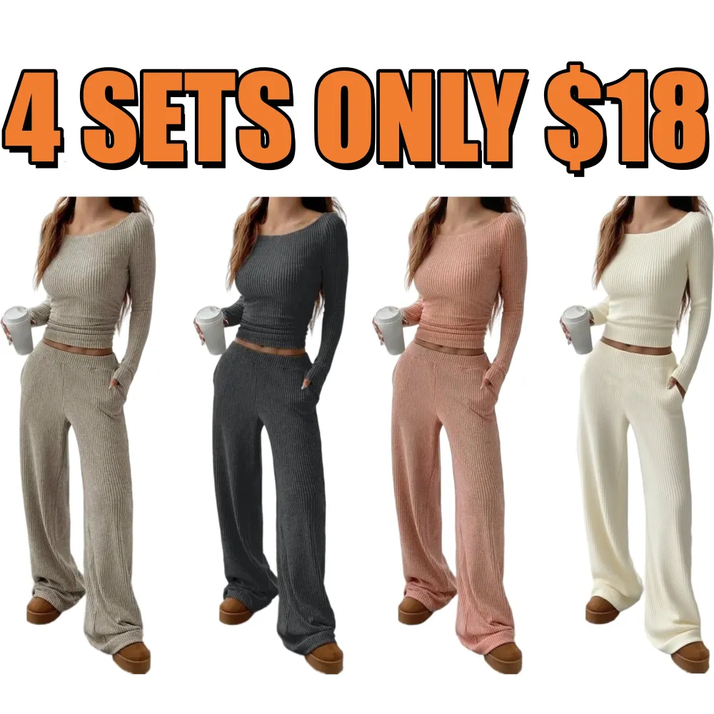 Women's Casual Striped Long Sleeve Top & Loose Pocket Pants Set