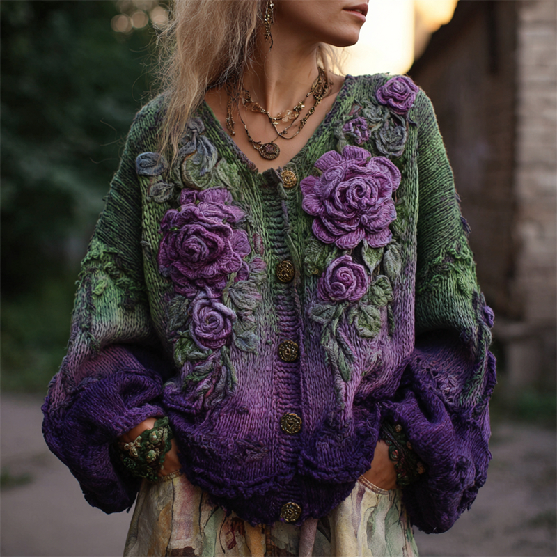 Vintage Purple Roses Crochet Embroidered Gradient Cozy Cardigan