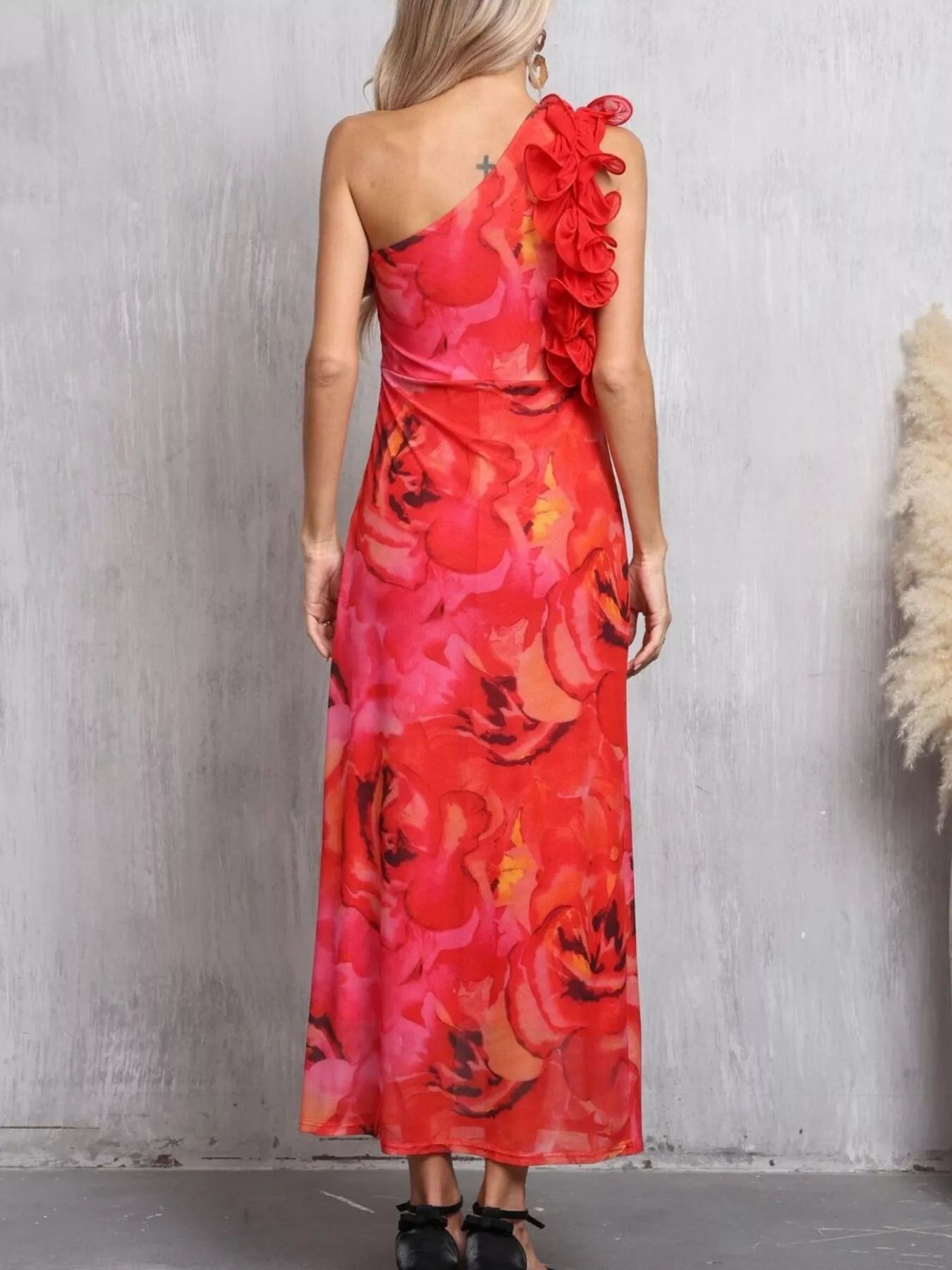 Floral Print One Shoulder Ruffle Trim Dress